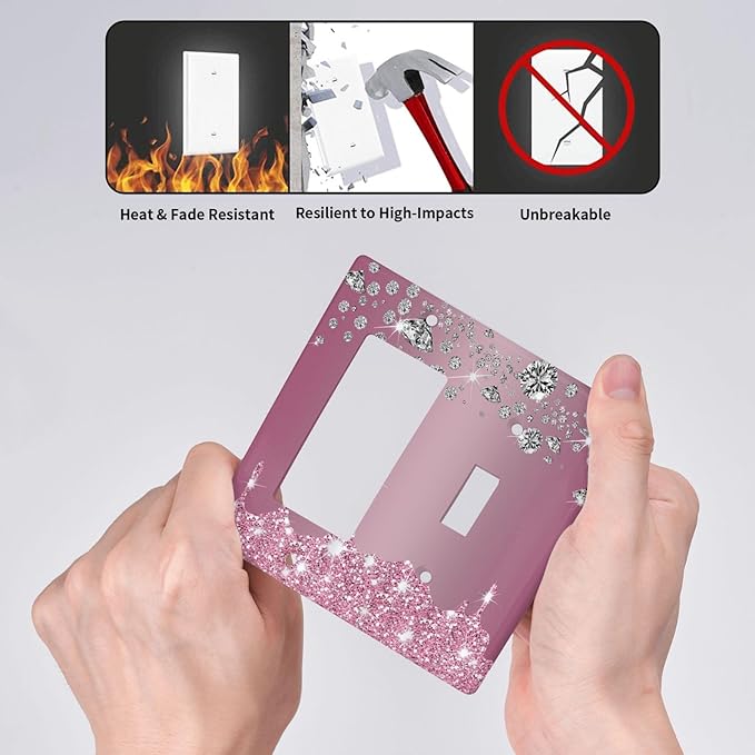 Sparkling Diamonds Pink Silver Glitter Drops Print 2 Gang Single Toggle Rocker Combination Light Switch Cover Unique Decorative Wall Plate Cover Electrical Faceplate Switchplate for Bathroom Decor