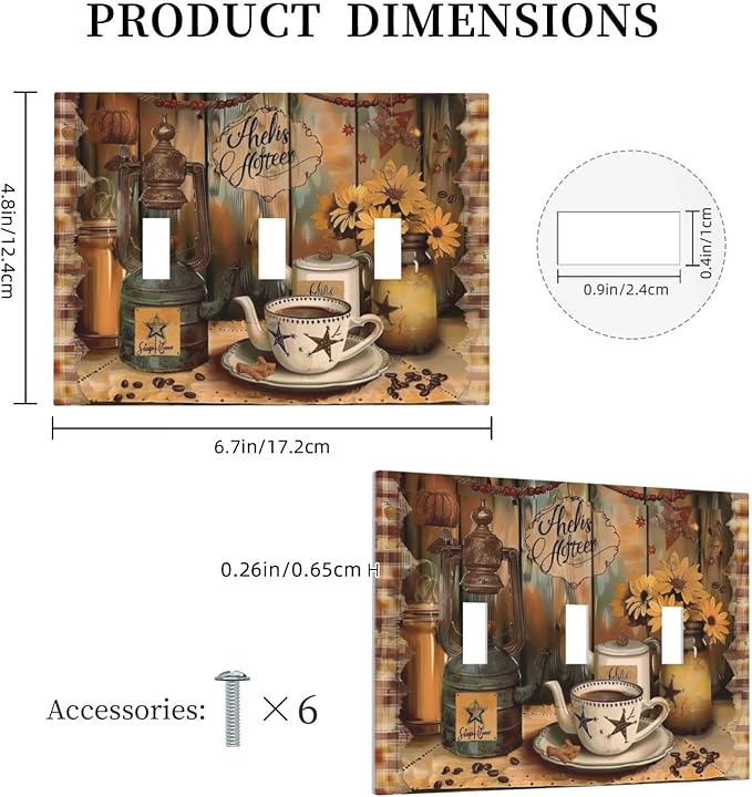 Decorative Switch Plate Covers Vintage Coffee Pot Star Farmhouse Wood Plank 3 Gang Wall Plate Light Switch Cover Plate Triple Toggle Jumbo Electrical Faceplate for Bedroom Kitchen Decor