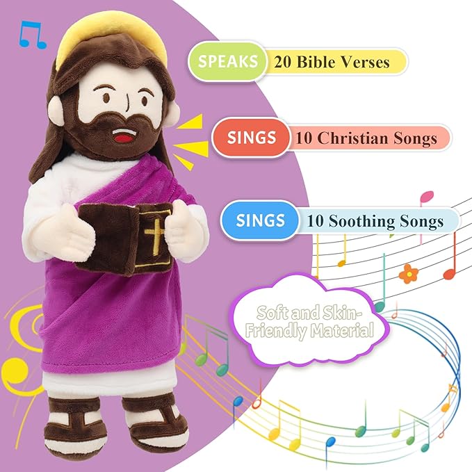 Yelakey Jesus Plush Talking Doll with Halo,Speak 20 Bible Verses & 20 Songs,13.4" Interactive Hymn Stuffed Plushie Perfect Religious Gift for Kids Sunday School & Easter Celebrations(Purple)