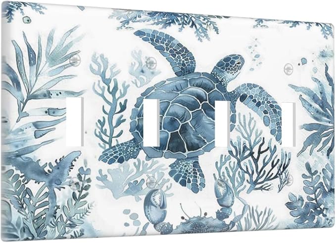 Blue Sea Turtle Coastal Coral Beach Crab Seaweed Light Switch Covers Quad Toggle Electrical Faceplate 4 Gang Wall Plate Decorative Switch Plates for Kids Room Bathroom Decor