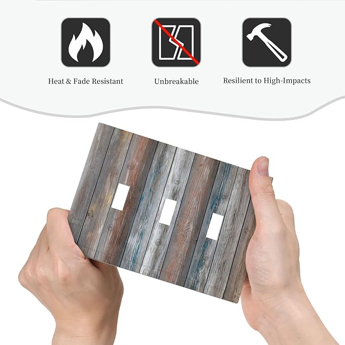 Light Switch Cover Vintage Blue Grey Wood Plank 3 Gang Wall Plate Triple Light Switch Plate Rustic Country Toggle Decorative Outlet Covers Electrical Switchplate for Farmhouse Home Decor