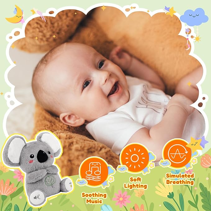 BRICHOEE Breathing Stuffed Animal, Soothing Koala Stuffed Animal with Moving Ears, Breathing Motion, Calming Sound and Light for Baby Sleep Companion Portable Plush Toy Gifts for Kids Adults Newborns