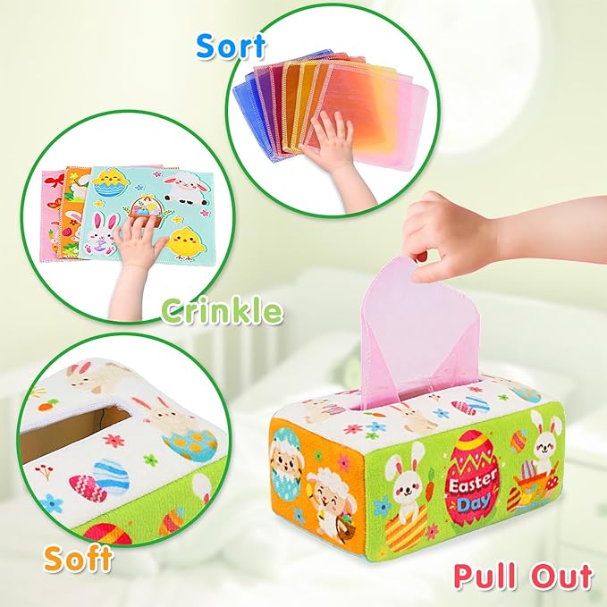 Easter Baby Toys - Easter Basket Stuffers for Babies 6-12 Months - Baby Tissue Box Toy Montessori Soft Stuffed Bunny High Contrast Crinkle Infant Sensory Toys 6 7 8 9 Months Easter Boy Girl Gifts