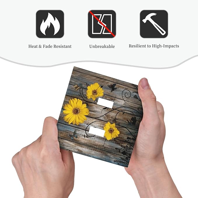 Rustic Barn Sunflower Wooden Daisy Flower Plank Decorative Switch Plates 2 Gang Double Toggle Outlet Light Switch Cover Wall Plate Electrical Faceplate for Farmhouse Home Decor
