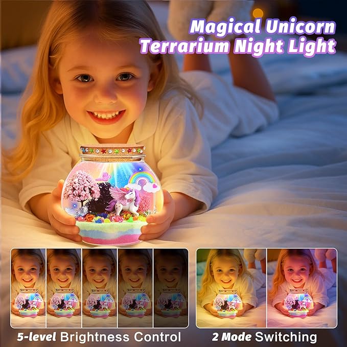 Unicorn Light-Up Terrarium Kit for Kids - Multicolor LED Night Light Birthday Gifts - Unicorn Toys for Girls Ages 4-6 7 8 9 10 Year Old - Kids Arts and Crafts Kit, Easter Ideal Gifts