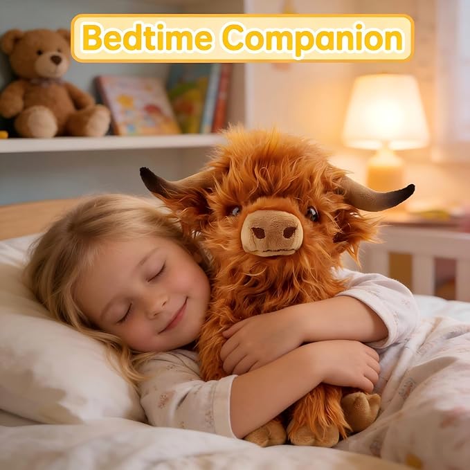 OROZCOR Highland Cow Stuffed Animal, Cute Fluffy Cow Plush Figure Toys,Realistic Farm Highland Cattle Plush Decor Gifts for Kids Baby Girls Boys (Brown Highland Cow)