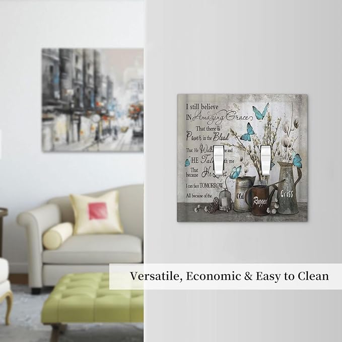 Blue Butterfly Rustic Flower Inspirational Quotes Double Toggle Light Switch Covers 2 Gang Wall Plate Dual Decorative Switchplate Electrical Faceplate for Farmhouse Country Bedroom Kitchen Decor