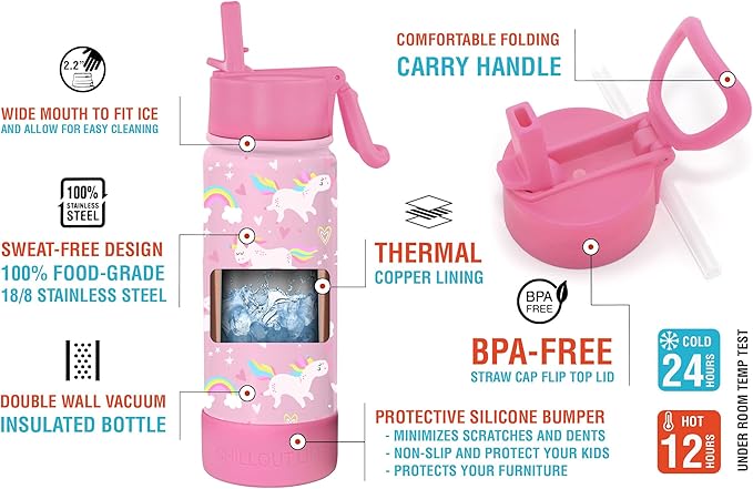 CHILLOUT LIFE 17 oz Kids Insulated Water Bottle for School with Straw Lid Leakproof and Cute Waterproof Stickers, Personalized Stainless Steel Thermos Flask Metal Water Bottle, Pink Unicorn