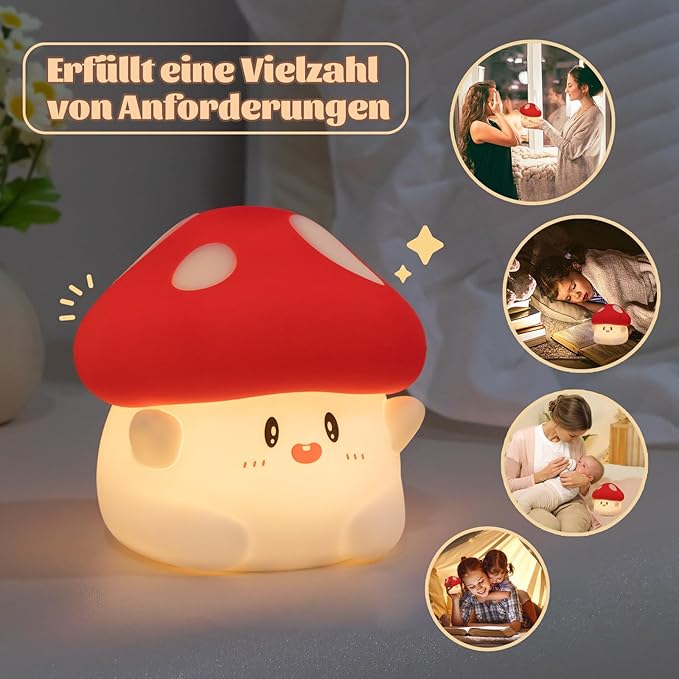 Rytinazzz Hug Mushroom Night Light, 50-Hour Battery & Pat Control, Squishy Lamp for Kids Bedroom, Girls, USB Rechargeable with Timer, Mothers Day Gifts