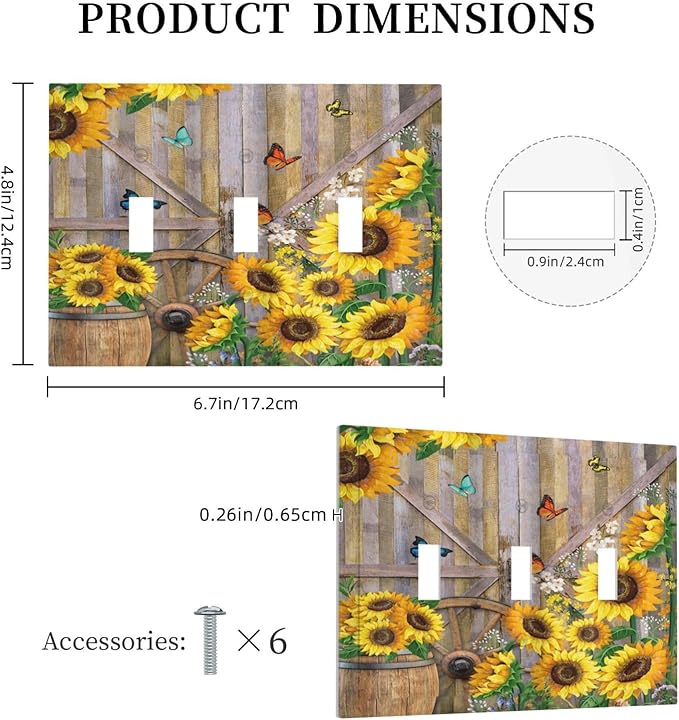Rustic Sunflower Barn Door Country Wood Plank 3 Gang Light Switch Covers Decorative Triple Toggle Wall Plate Electrical Faceplate Switchplate for Farmhouse Bathroom Bedroom Home Decor