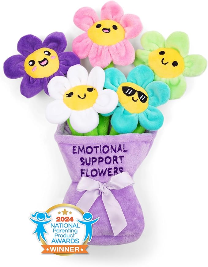 WHAT DO YOU MEME? Emotional Support Flowers by Relatable, Cuddly Stuffed Animals and Plushies Set, Small Gifts for Mom, Includes 5 Flowers Plush Toys with Carrying Basket, for Mom