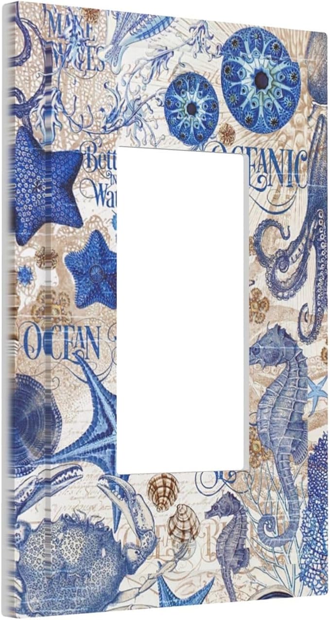 Decorative Outlet Covers Vintage Sea Blue Seahorse Starfish Octopus 1 Gang Single Rocker Light Switch Cover Plate Wall Plates Gfci Faceplate For Kids Room Home Decor