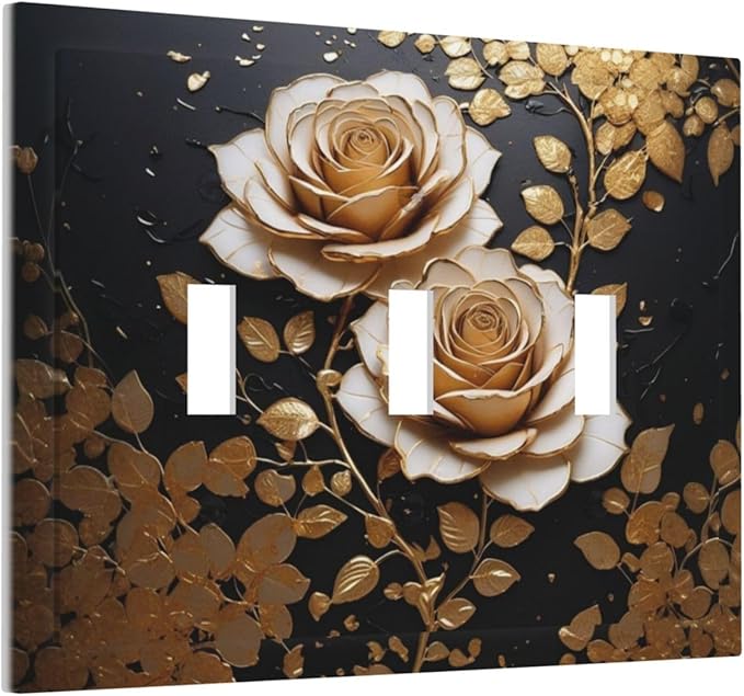 Decorative Light Switch Plate Covers Big Golden White Roses Glod Leaves Black Background 3 Gang Wall Plate Switch Cover Plate Triple Toggle Jumbo Electrical Faceplate for Home Decor