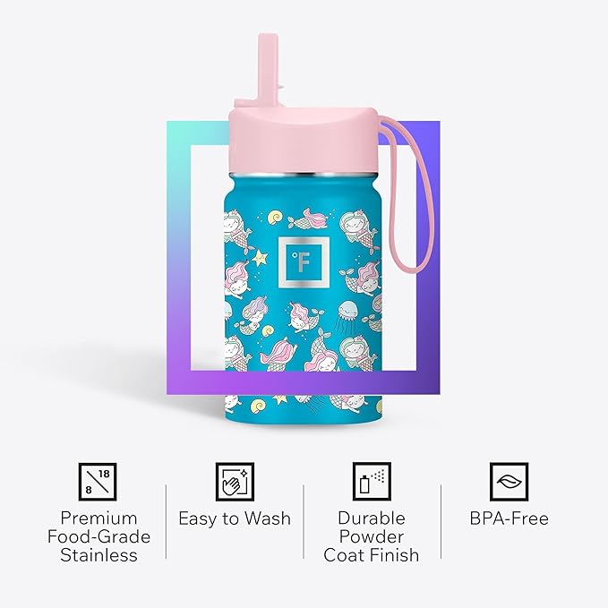 IRON °FLASK Kids Water Bottle - Straw Lid, 20 Name Stickers, Vacuum Insulated Stainless Steel, Double Walled Tumbler Travel Cup, Mug - Rainbow Hearts, 10 Oz