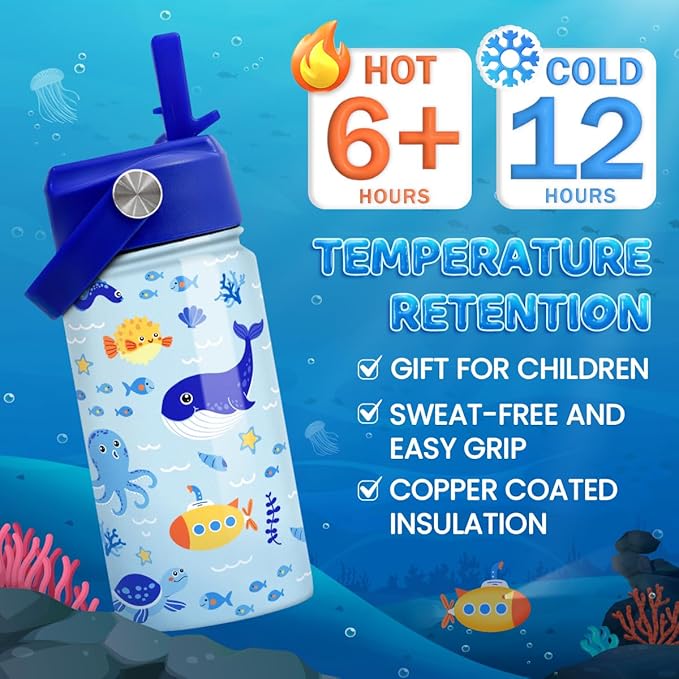 SANDJEST Kids Water Bottle with Straw Lid - 12 Oz Insulated Stainless Steel Ocean Water Bottles for Kid Boys - Travel Cup for School Sports