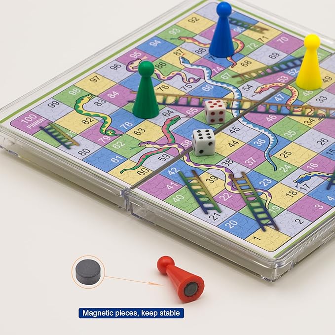 Mini Snakes and Ladders Board Game Set -6″, Magnetic Folding Travel Board Game for Kids (Pocket Crystal Style)