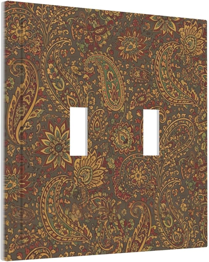 Vintage Paisley Double Toggle Switch Cover - 2-Gang Standard US Size Bohemian Boho Light Switch Covers, Autumn Tones Retro Floral for Eclectic Homes