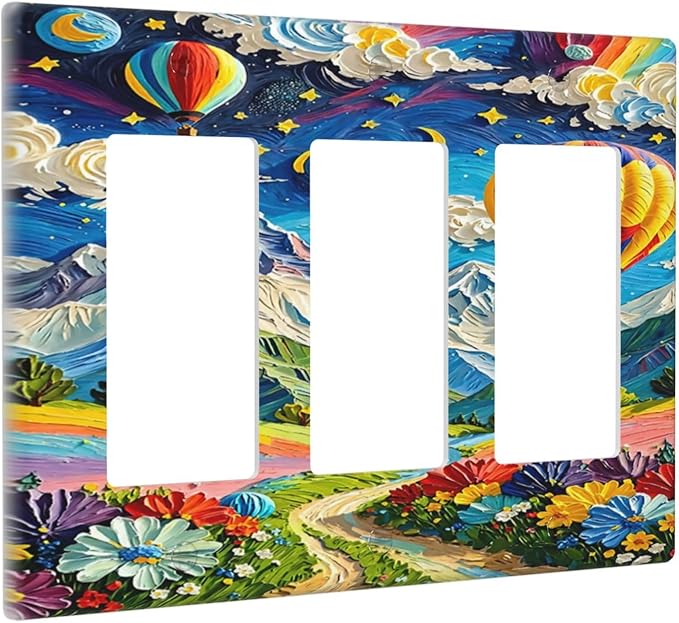 Hot Air Balloons Floral Vibrant Colors Flowers Mountains Stars Moon Light Switch Covers 3 Gang Rocker Decorative Triple Outlet Wall Plate Cover Switchplate Electrical Gfci for Bedroom Kids Room