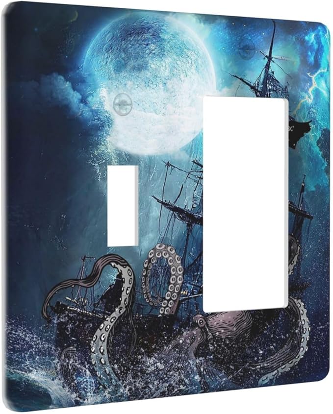 Moon Ocean Nautical Octopus 2 Gang Single Toggle/Rocker Combination Light Switch Cover Decorative Wall Plate Cover Electrical Faceplate Art Oil Painting Decor