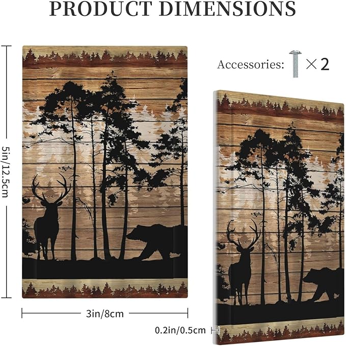Rustic Mountain Forest Antler Elk Black Bear Deer Silhouettes Woodland Hunting Animals 1-Gang No Device Blank Wallplate Jumbo Size Unused Outlet and Light Switch Cover Decorative Plug Face Plate Cover