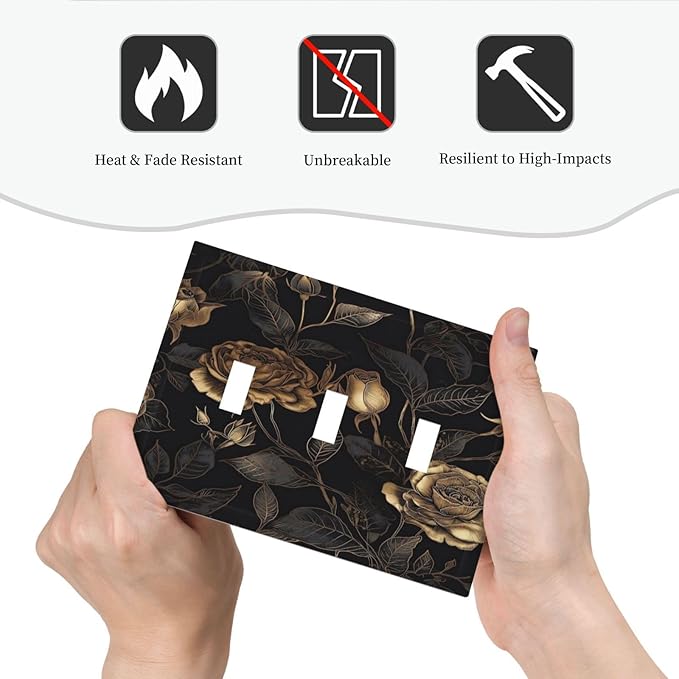 Black Floral Dark Vintage Gold Rose Flower Decorative Switch Plates 3 Gang Wall Plate Triple Toggle Light Switch Cover Faceplate Electrical Wall Panels for Bedroom Living Room Decor