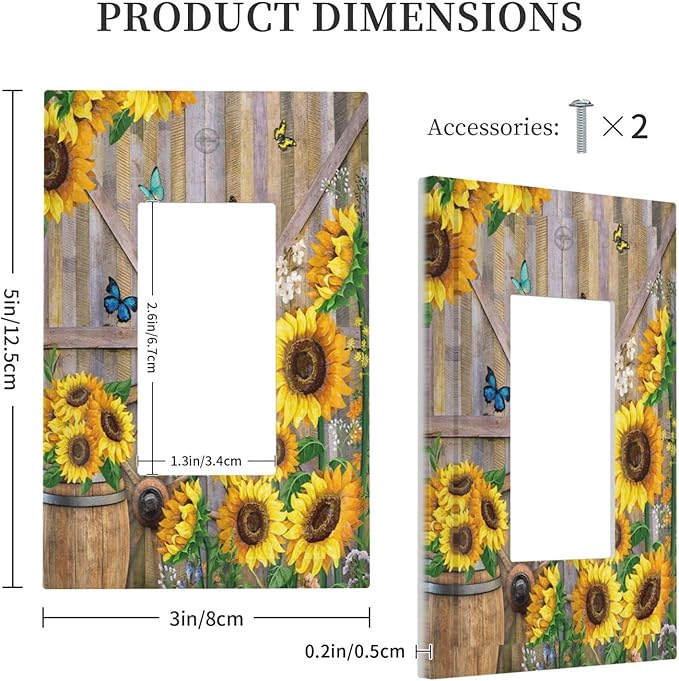 Rustic Sunflower Barn Door Country Wood Plank Butterfly 1 Gang Rocker Light Switch Covers Decorative Single Decora Outlet Wall Plate Faceplate Switchplate GFCI for Farmhouse Bathroom Bedroom Decor