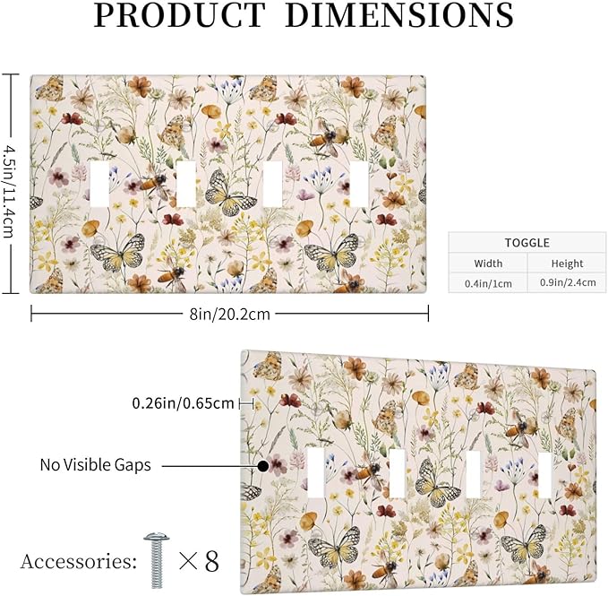 Vintage Butterflies Quad Toggle Wall Plates Decorative Colorful Wildflower 4 Gang Light Switch Cover Cute Bees Electrical Switchplate Faceplate Beige Flower Leaves Dimmer Decor for Bedroom Kidroom