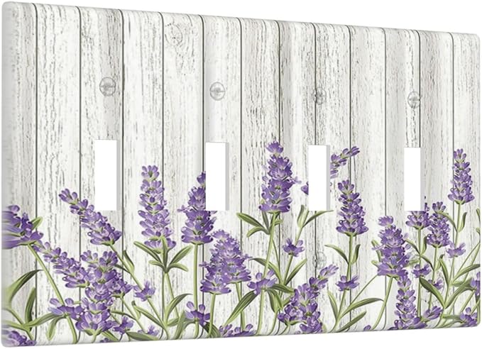Rustic Wooden Plank Lavender 4 Gang Wall Plate Quad Toggle Light Switch Cover Decorative Outlet Covers Electrical Light Switches Faceplate for Bedroom Bathroom Kitchen Decor