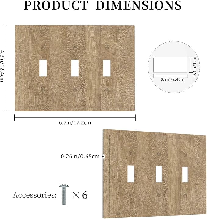 Decorative Light Switch Cover Plate Light Brown Wood Grain 3 Gang Wall Plate Triple Toggle Switch Plate Covers Electrical Outlet Cover for Farmhouse Cabin Decor