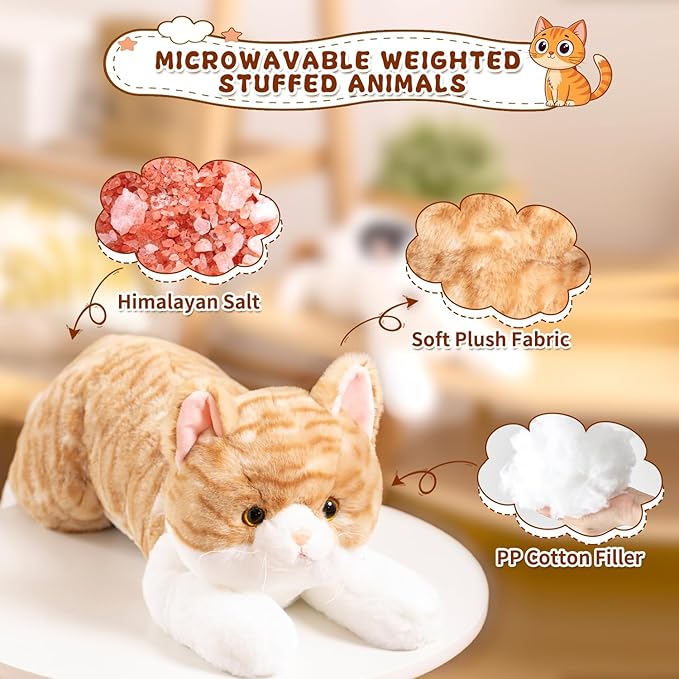 SNOWOLF Weighted Stuffed Animals Cat, Plushies Orange Cat, Cat Plush Toy with Himalayan Salt for Warmth & Comfort, Cute Soft Kitten Doll Gift for Boys, Girls, Women, 1.5 LBs