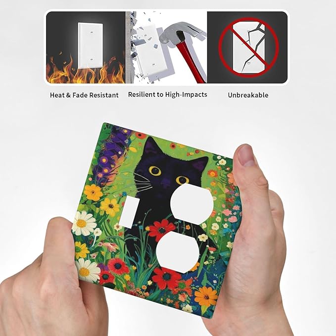 Decorative Art Light Switch Covers BlackCat&Flowers 2 Gang Single Toggle Duplex Combination Electrical Faceplate Switchplate Wall Plate for Home Decor