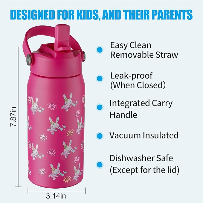 OLDLEY kids Water Bottle - 18oz Insulated Stainless Steel - Wide Straw Lid, Non Spill, Leakproof, Kids Water Bottle for School,Pink Bunny