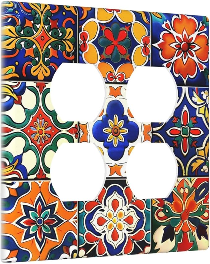 Outlet Covers Colorful Mexican Talavera Vintage Boho Floral 2 Gang Double Duplex Decorative Light Switch Covers Electrical Wallplates Socket Faceplate For Farmhouse Cabin Decor