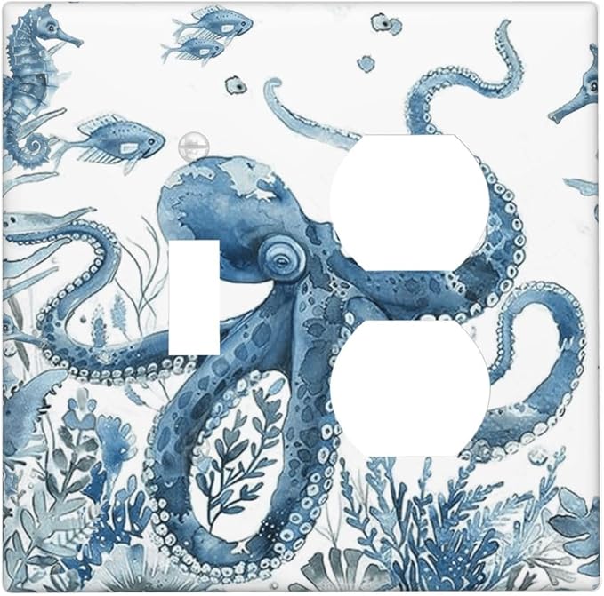 Blue Octopus Squid Seahorse Coral Watercolor Wild Sealife Wallplates 1 Toggle 1 Duplex Switch Plate Electrical GFCI Faceplate Decorative Light Switch Covers for Bathroom Kids Room Decor