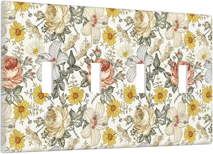 Multicolor Peony Daisy Vintage Floral Flower Light Switch Covers Quad Toggle Electrical Faceplate 4 Gang Wall Plate Decorative Switch Plates for Bedroom Living Room Decor