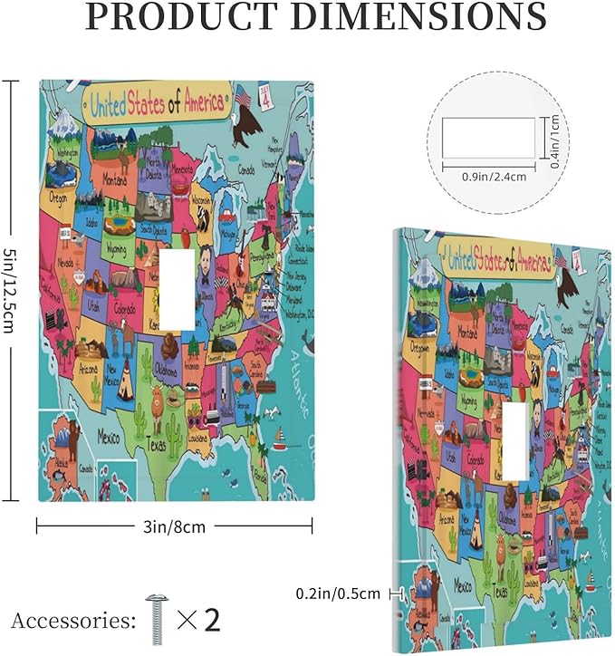 Blue 1 Gang Light Switch Plate Decorative Single Toggle Wall Plate Cover Electrical Switchplate Faceplate United States Map Children's Educational Geography Landmark American Map Bedroom Room Decor