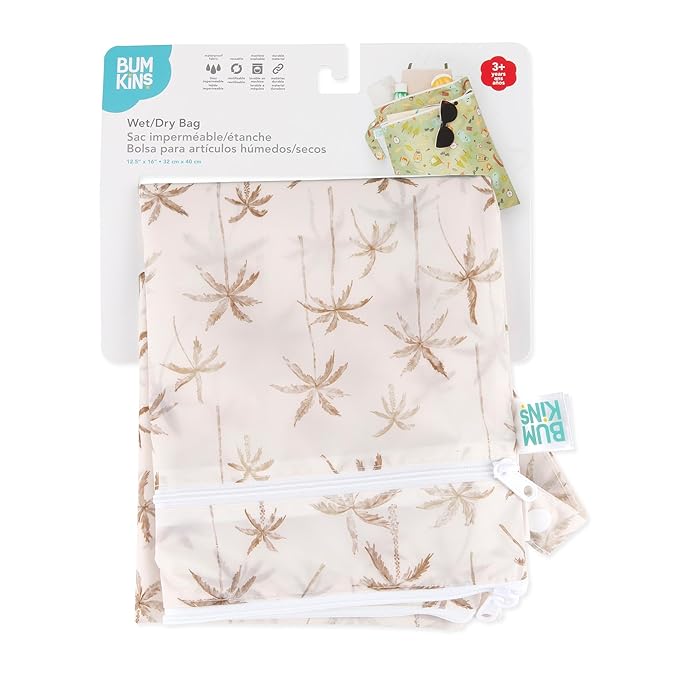Bumkins Waterproof Wet Dry Bag for Baby, Travel, Swim Suit, Cloth Diapers, Pump Parts, Pool, Beach, Gym Clothes, Toiletry, Hook to Stroller, Daycare, Zipper Reusable Wetdry Packing Pouch, Palm Trees