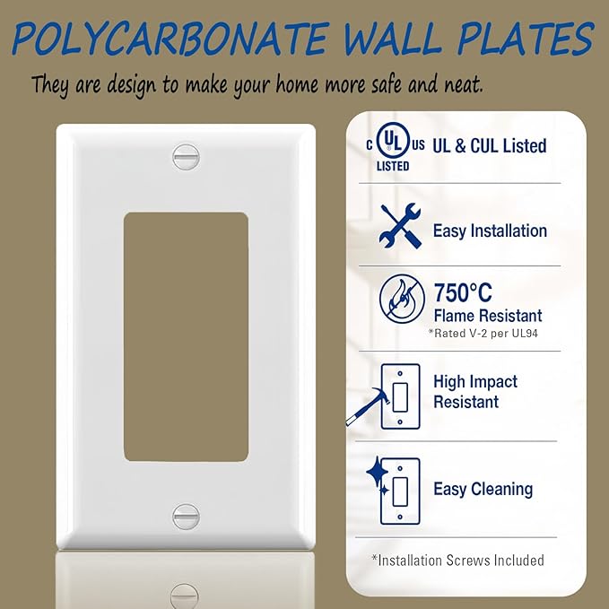 Light Switch GFCI Device Wallplate - Receptacle Outlet Wall Plate, Standard Size 1-Gang 4.50" x 2.76",Unbreakable Polycarbonate Thermoplastic,UL Listed (12 Pack, Glossy White)
