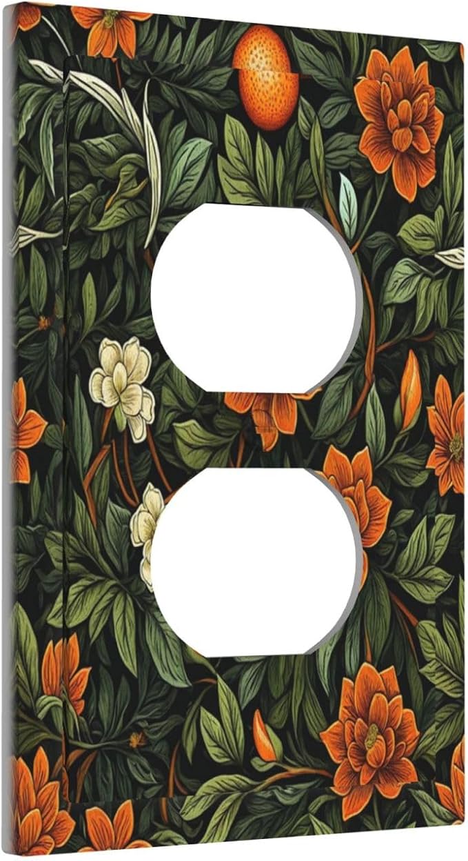 Decorative Outlet Covers William Morris Orange Flowers Rustic Leaves Floral 1 Gang Duplex Light Switch Cover Plate Electrical Switch plates Wall Plates Receptacle Covers for Bathroom Bedroom