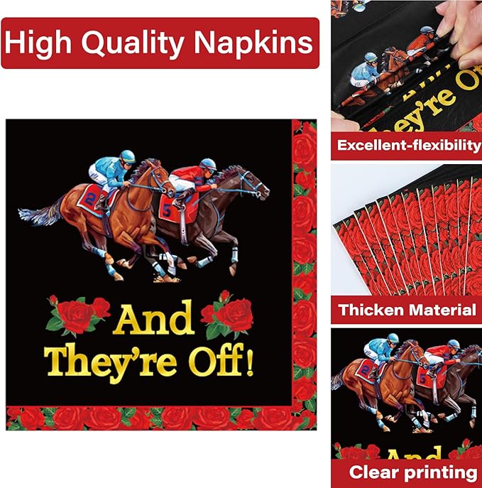 Qyeahkj 100PCS Derby Day Plates and Napkins Party Supplies Horse Racing Tableware Set Kentucky Party Decorations Favor Racing Horse Roses Dinner Plates for Derby Day Celebrations Serves 25