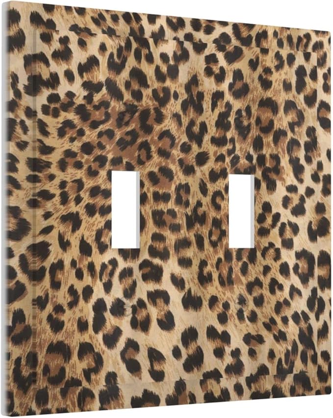 Classic Leopard Cheetah Double Toggle Light Switch Cover 2 Gang Wall Plate Decorative Switchplate Electrical Faceplate Standard Size for Men and Women Bathroom Bedroom Home Decor 5" x 4.9