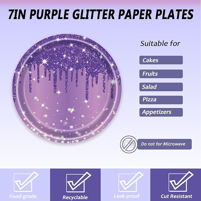 72 Pcs Purple Glitter Paper Plates 7in Disposable Paper Dessert Plates Napkins and Forks Party Tableware Set Happy Birthday Table Decorations for 24 Guests Purple Birthday Wedding Theme Party