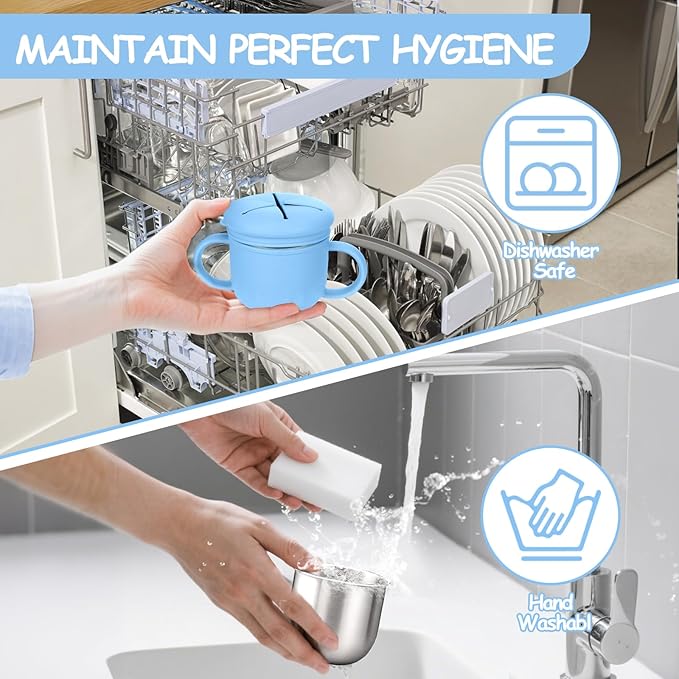 Toddler Snack Containers Stainless Steel Spill-Proof Snack Containers for Toddlers with Spill-Proof Silicone Lids and Handles 4-in-1 Baby Snack Cup is Dishwasher Safe for Easy use On The Go（Blue）