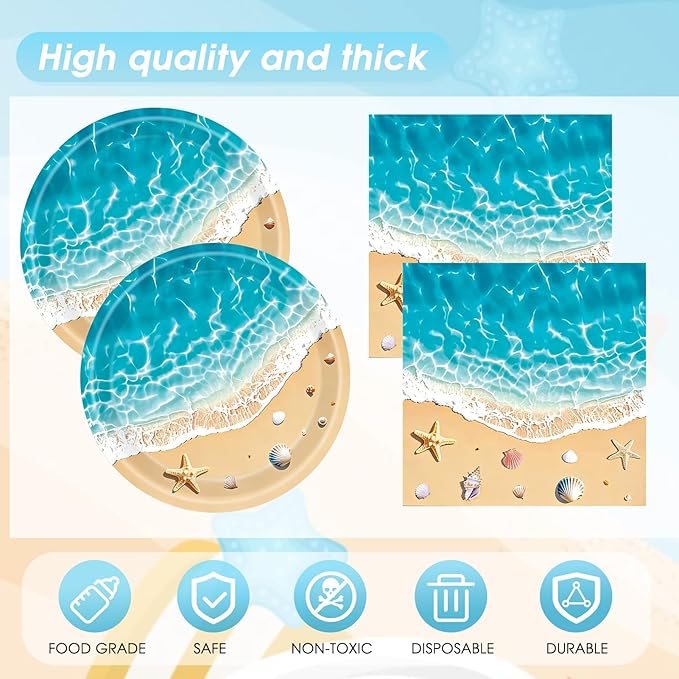 Beach Birthday Party Decorations,41Pcs Disposable Ocean Waves Beach Dessert Plates Napkins Tablecloth Tableware Set Summer Pool Hawaiian Beach Party Supplies for Kids Baby Shower Birthday
