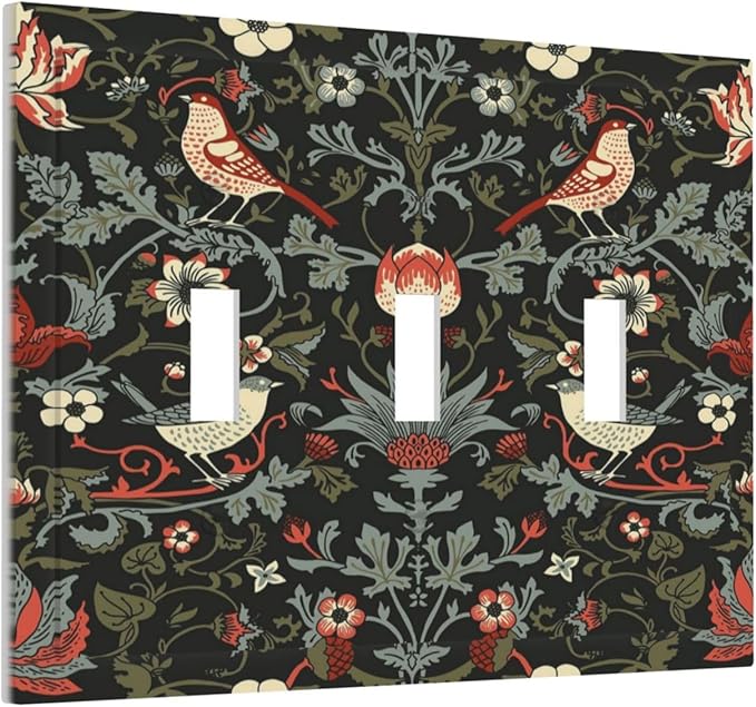 Vintage Birds Berries Mid Century Floral Flower Decorative Switch Plates 3 Gang Wall Plate Triple Toggle Light Switch Cover Faceplate Electrical Wall Panels for Bedroom Living Room Decor