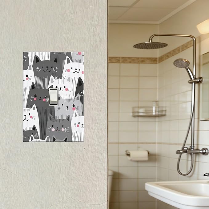Cute Monochrome Cats 1-Gang Toggle Light Switch Plate, Funny Cat Decorative Wall Plate for Kids Bedroom