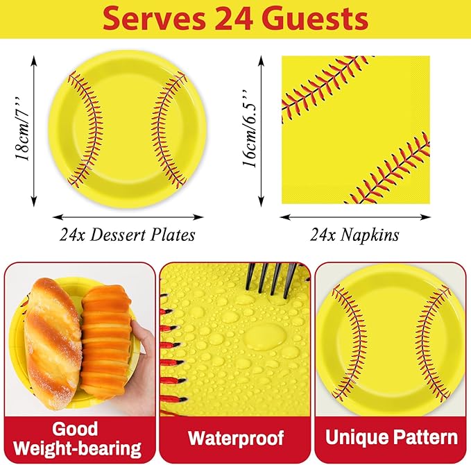Qyeahkj 24 Guests Softball Party Decorations Paper Plates and Napkins Tablecloth Set Softball Disposable Birthday Party Tableware Dinnerware Supplies for Table Dinner Kids Birthday Party Decor