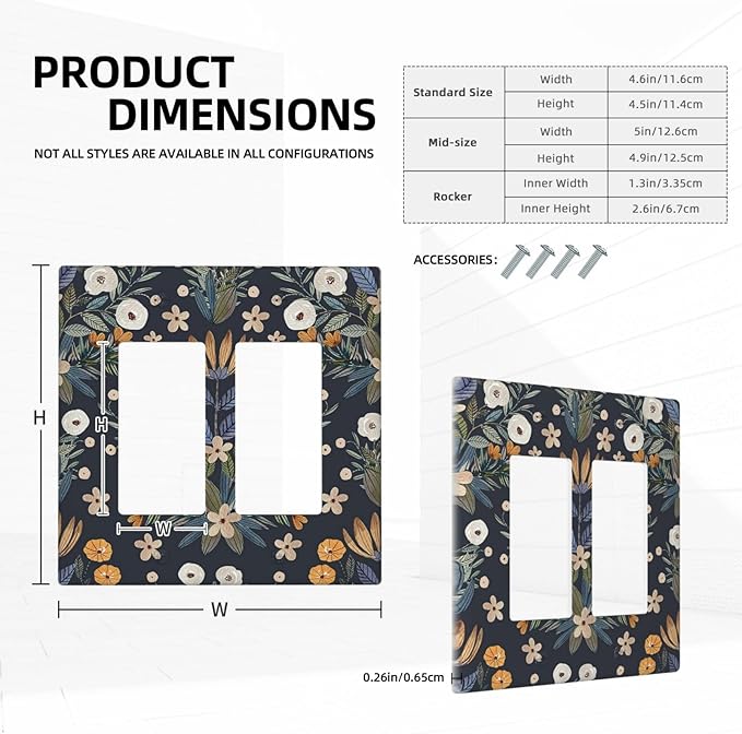 Boho Leaf Floral Navy Blue Background 2 Gang Rocker Decora Light Switch Covers Dual Outlet Covers Wall Plate Decorative Switchplate Electrical Faceplate GFCI for Farmhouse Country Bedroom Decor