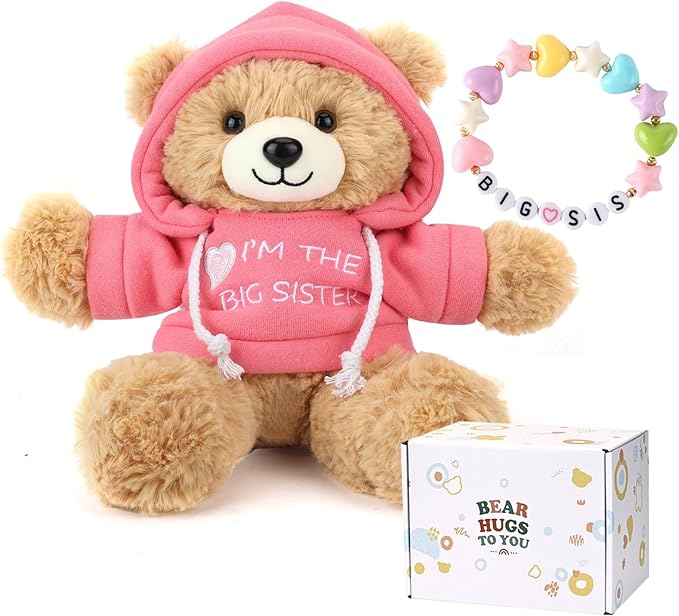 Osacoe “I’m The Big Sister” Teddy Bear Stuffed Animal with Gift Box Removable Pink Hoodie Bracelet, Big Sister Gifts for Girls Who Promoted to Big Sister with Beautiful Greeting Card