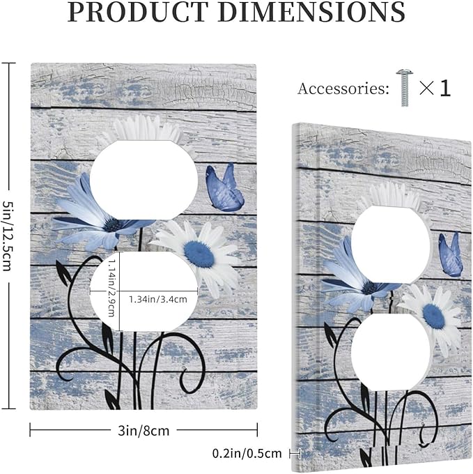 Blue White Daisy Flower Butterfly Rustic Wood Board Outlet Covers 1 Gang Duplex Light Switch Cover Decorative Switch Plates Electrical Receptacle Faceplate Wall Plate for Farmhouse Bedroom Decor